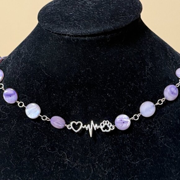 Purple Mother of Pearl Beaded Short Necklace + Paw Print Heart Beat Pendant - Picture 3 of 13